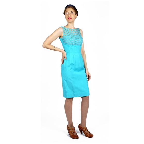 Vintage 1960s Aqua Blue Wiggle Dress Lattice Illusion Bodice Lilli Diamond | S - Picture 2 of 6